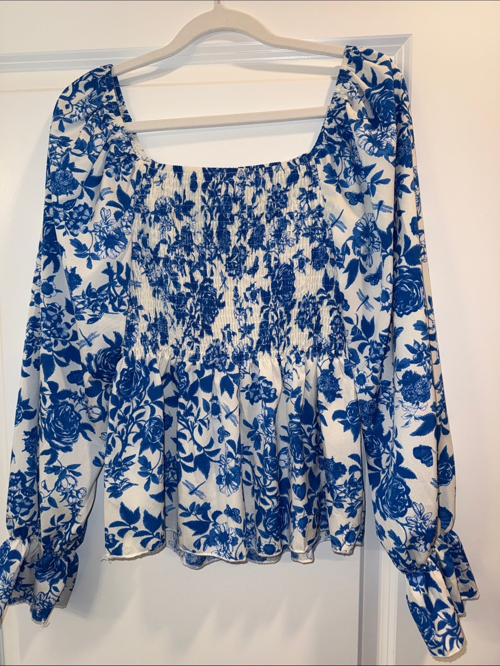 Blue Floral Smocked Square-Neck Blouse